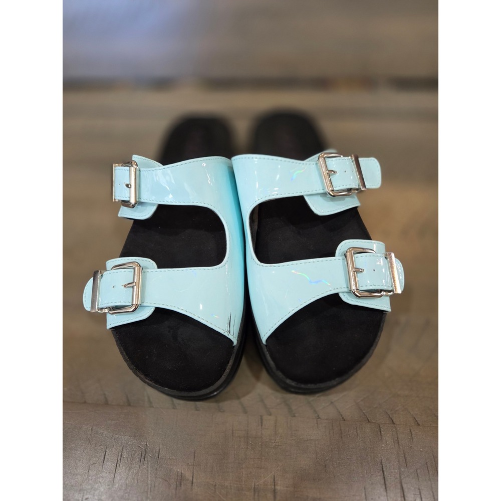 Sugar Saturn Light Blue Patent Holographic Double Buckle Platform Slide Sandals